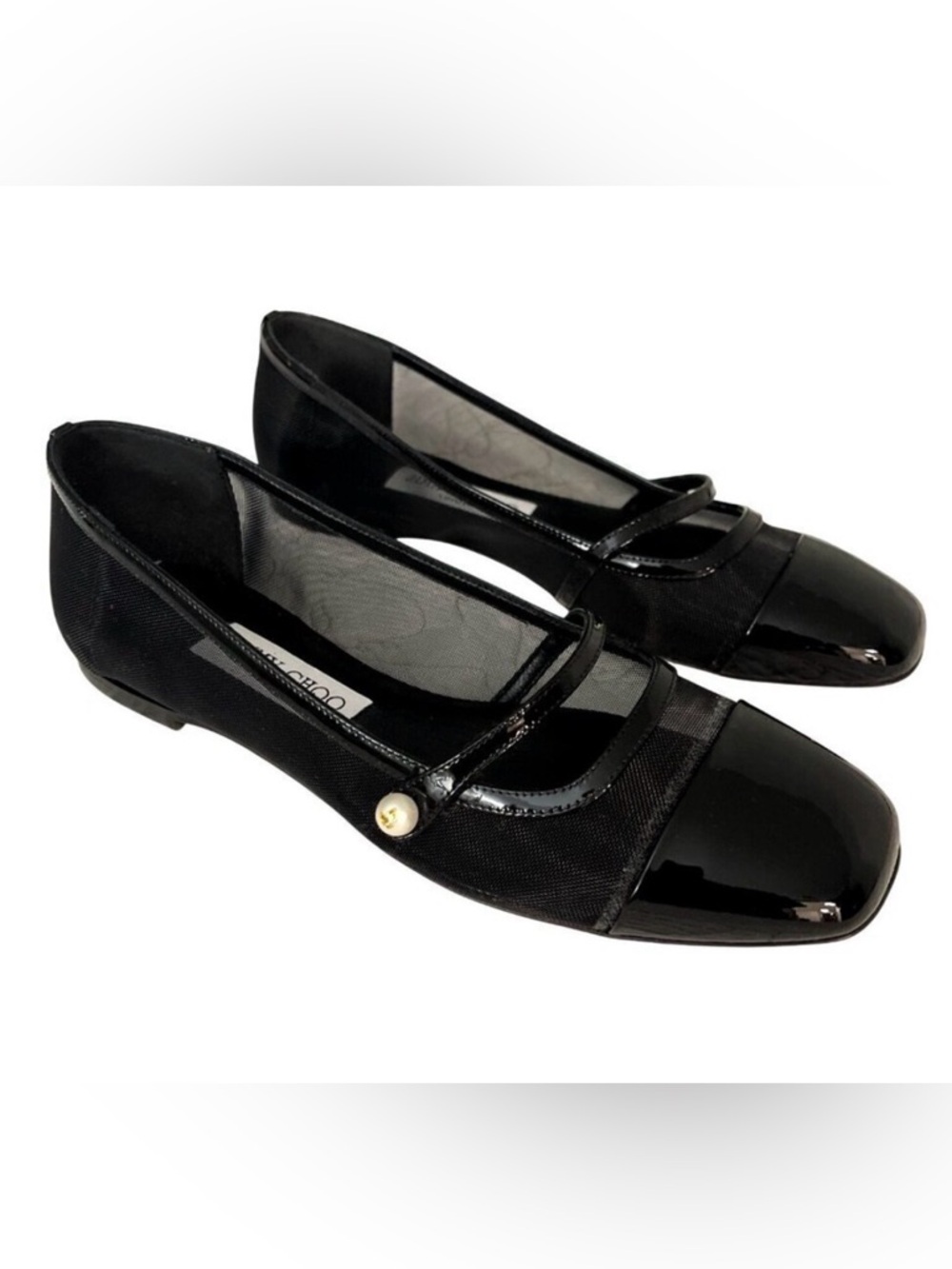 Jimmy Choo Black Patent & Mesh Mary Jane Flats